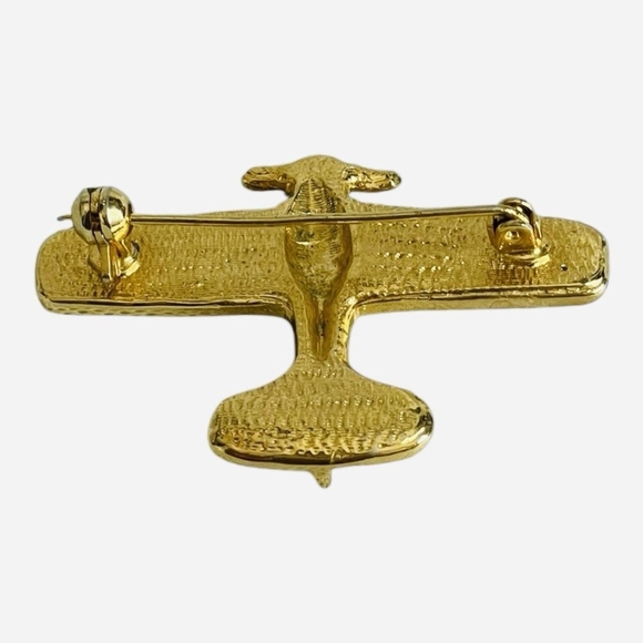 Vintage Gold Toned Metal Airplane Pin Brooch with Clear Crystals - Picture 2 of 4